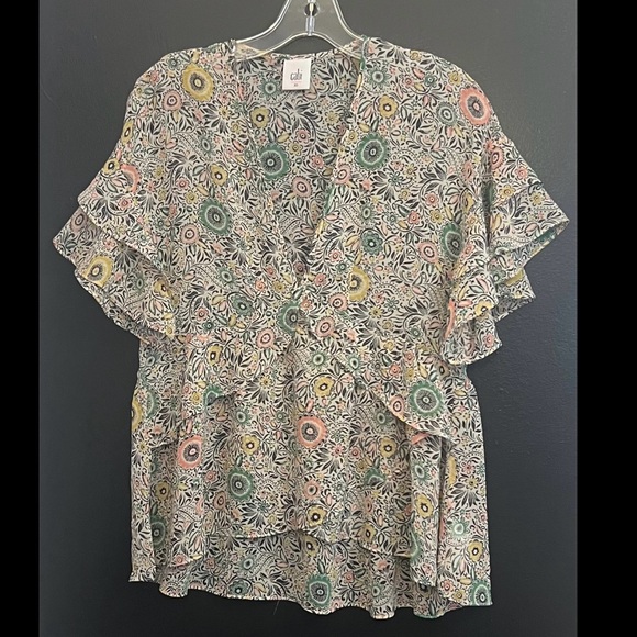 CAbi Tops - Cabi Floral Ruffle Sleeve Sheer Blouse